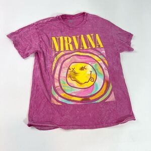 Nirvana T-Shirt Mens Large Pink Yellow Cotton Nevermind Mineral Wash Grunge Band